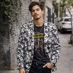 JF J Ferrar Black White Floral Slim Fit Blazer Jacket Size 46R Modern Statement